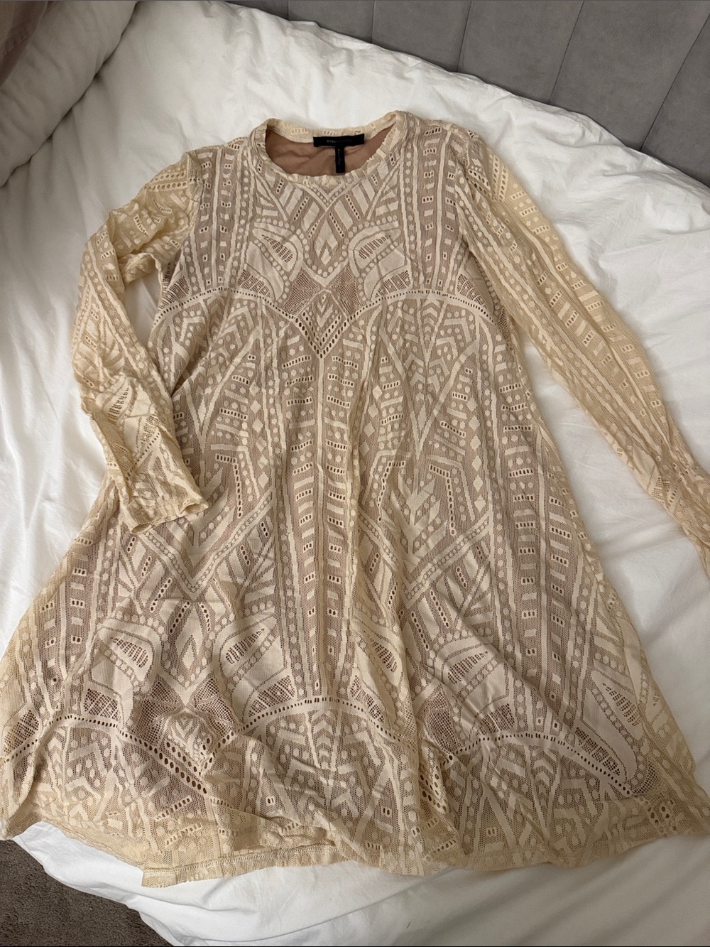 BCBGMaxAzria Cream Beaded Lace Long-Sleeve Dress